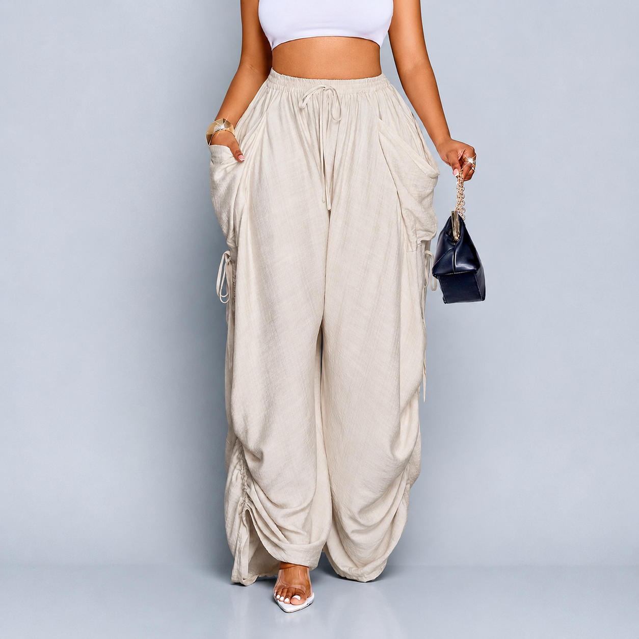 Casual High Rise Wide Loose Pants With Drawstring For Women