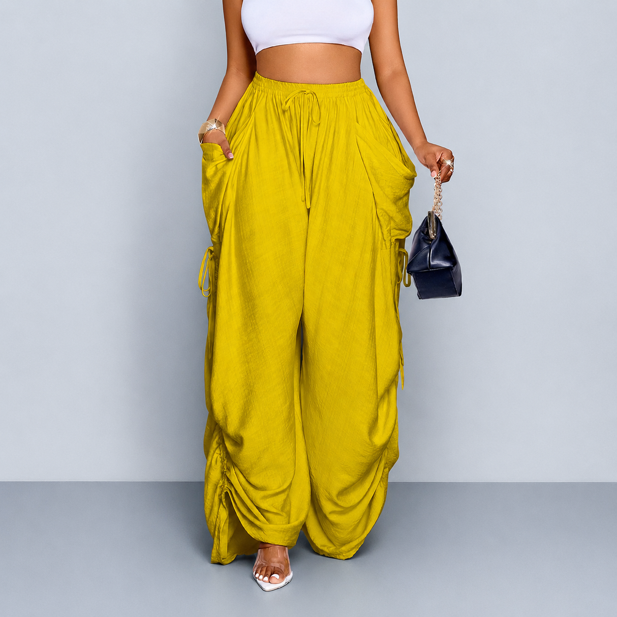 Casual High Rise Wide Loose Pants With Drawstring For Women