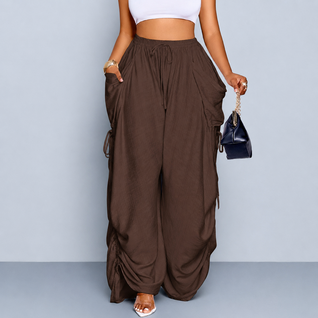 Casual High Rise Wide Loose Pants With Drawstring For Women