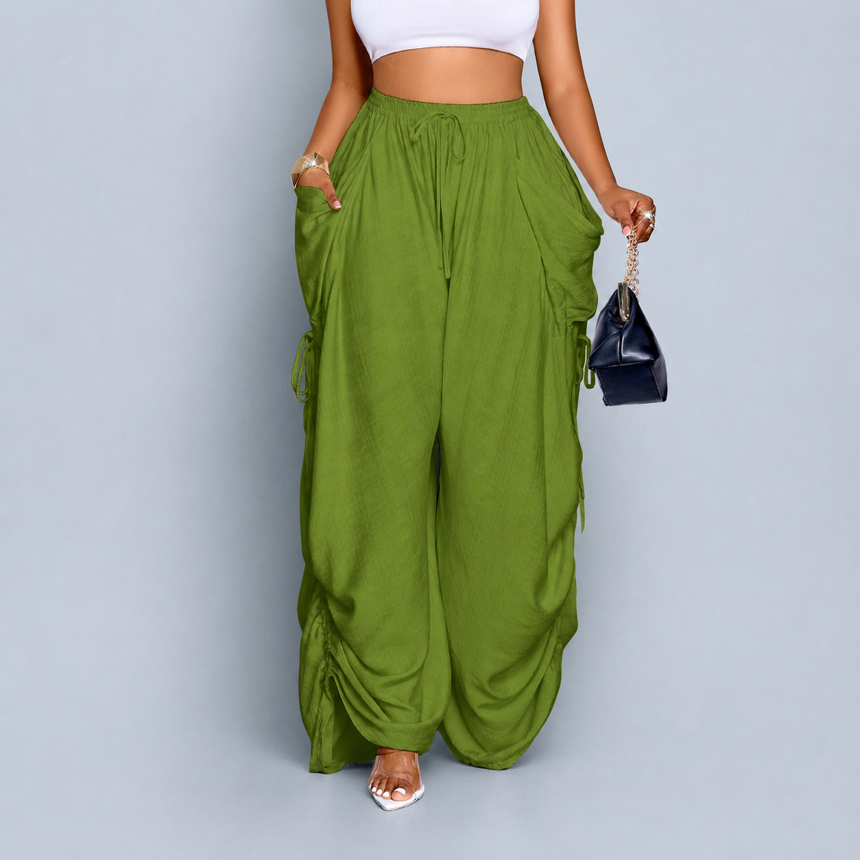 Casual High Rise Wide Loose Pants With Drawstring For Women