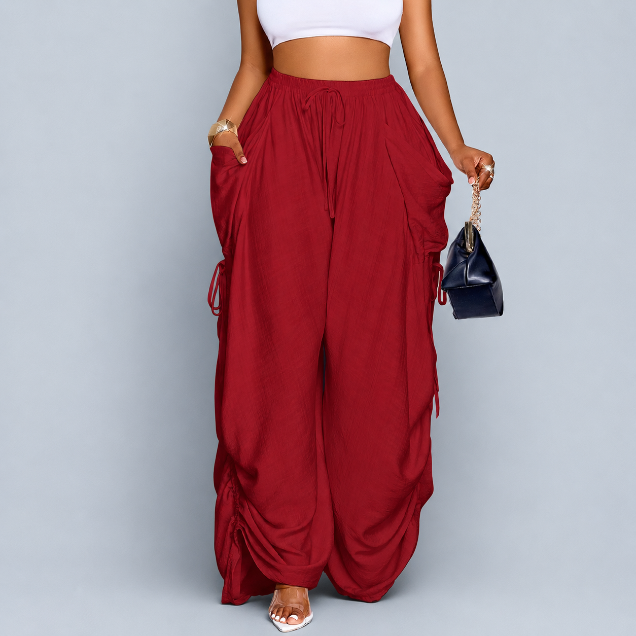 Casual High Rise Wide Loose Pants With Drawstring For Women