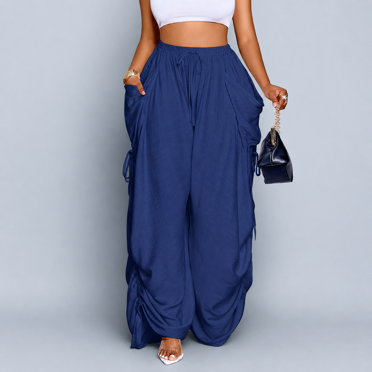 Casual High Rise Wide Loose Pants With Drawstring For Women