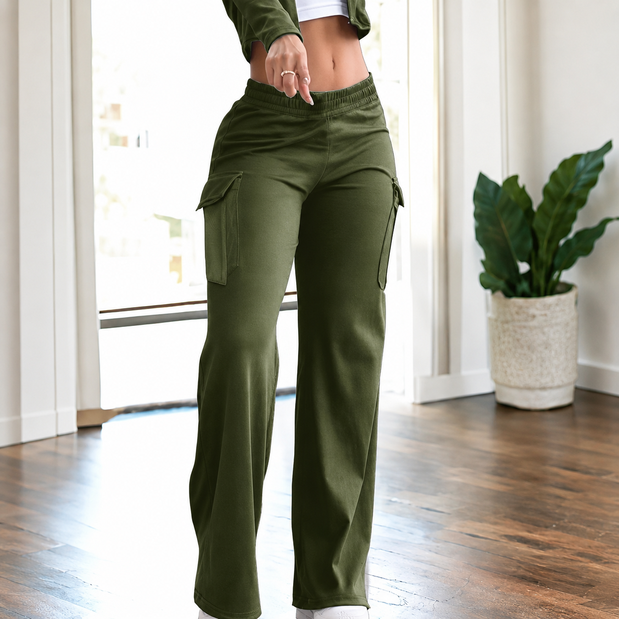 Casual Elastic Cargo Pants With Flap Pocket For Women