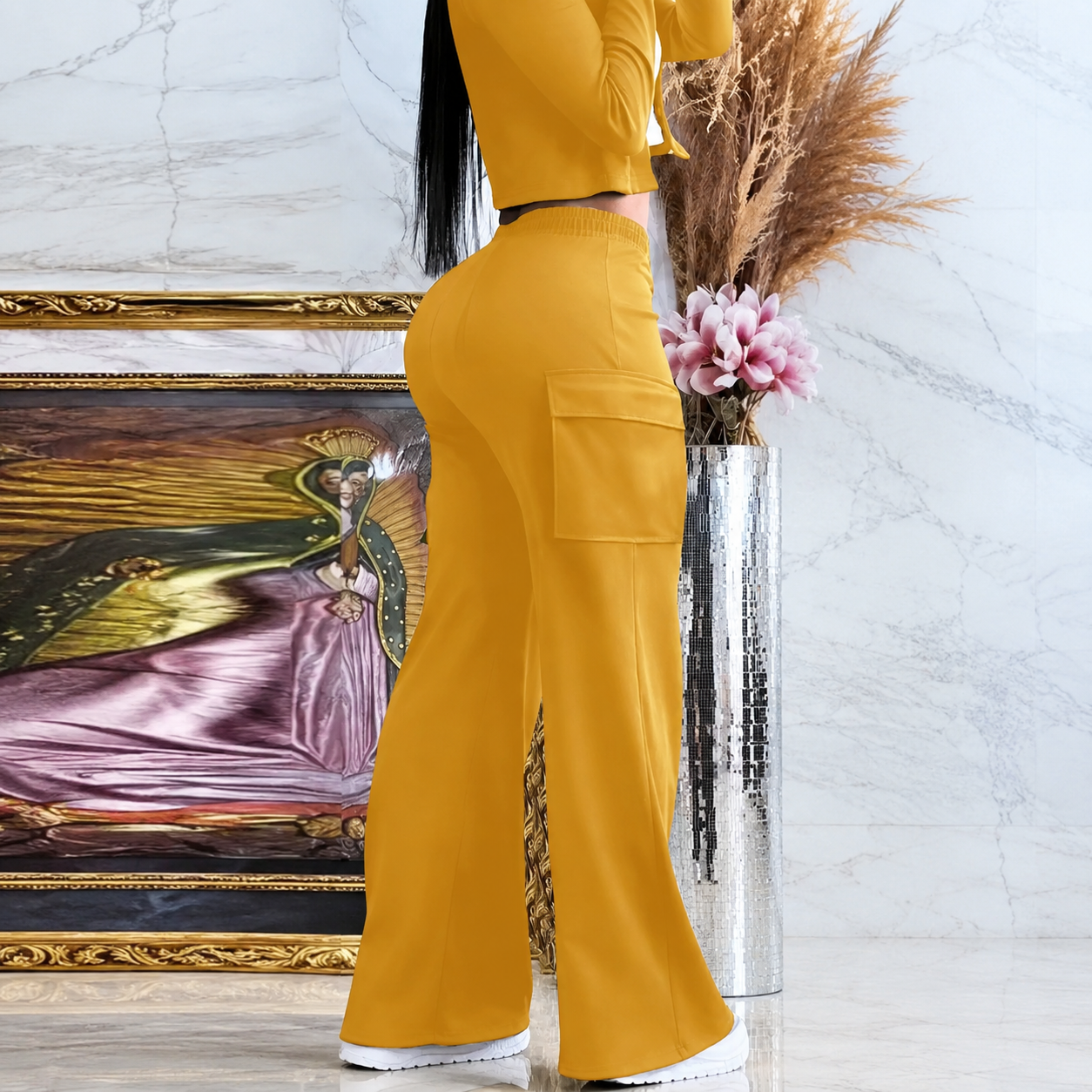 Casual Elastic Cargo Pants With Flap Pocket For Women