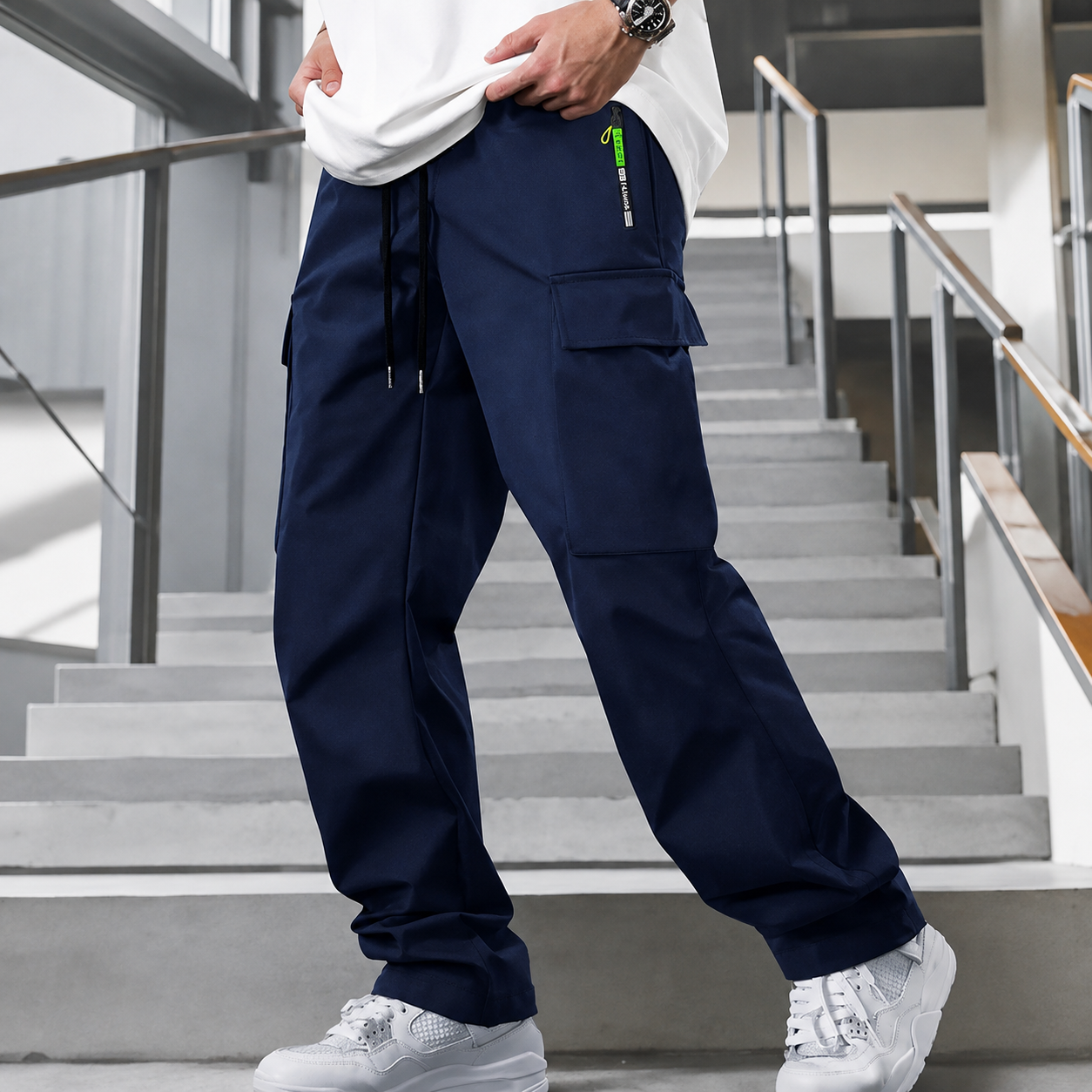 Loose Fit Multi Pocket Drawstring Casual Pants for Men