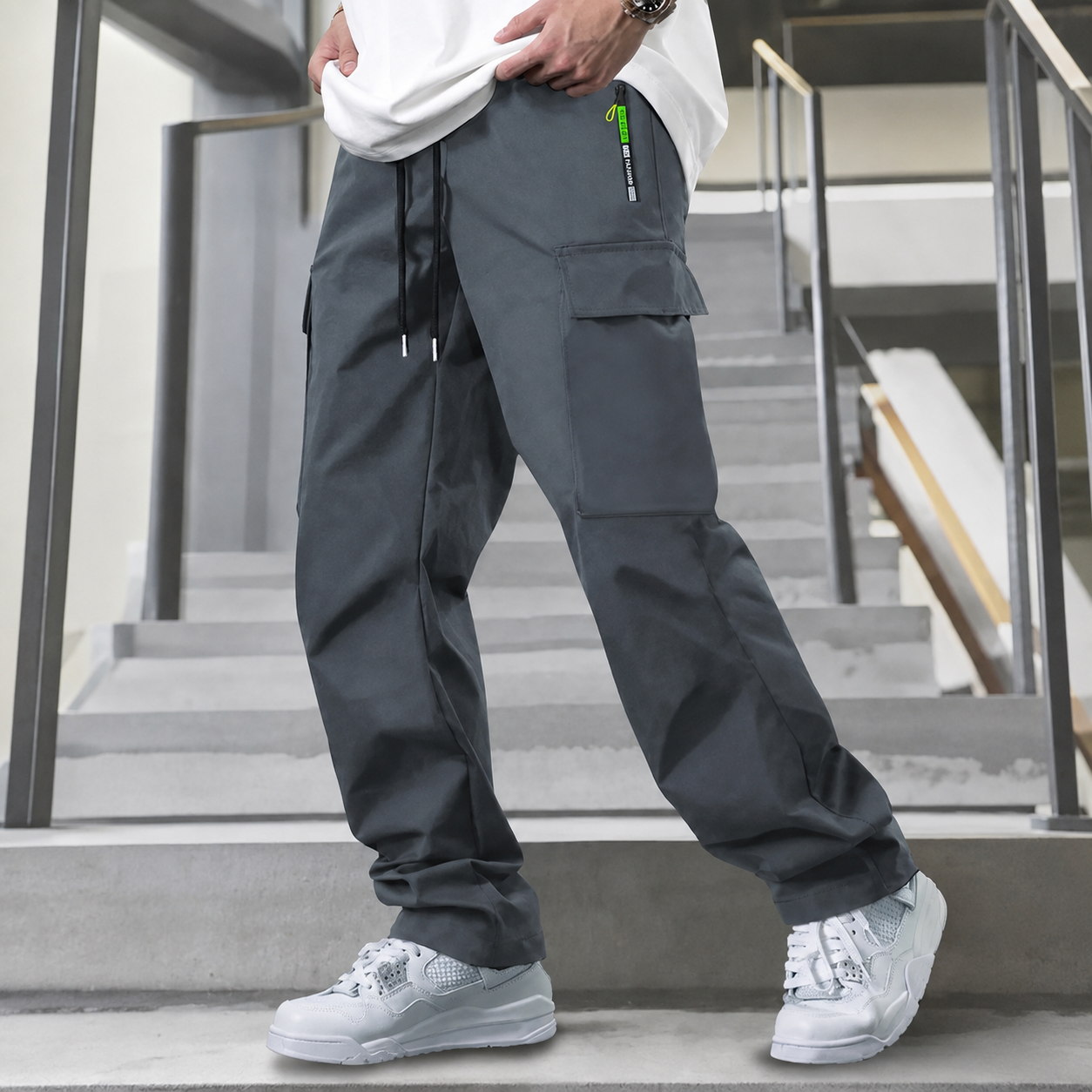 Loose Fit Multi Pocket Drawstring Casual Pants for Men