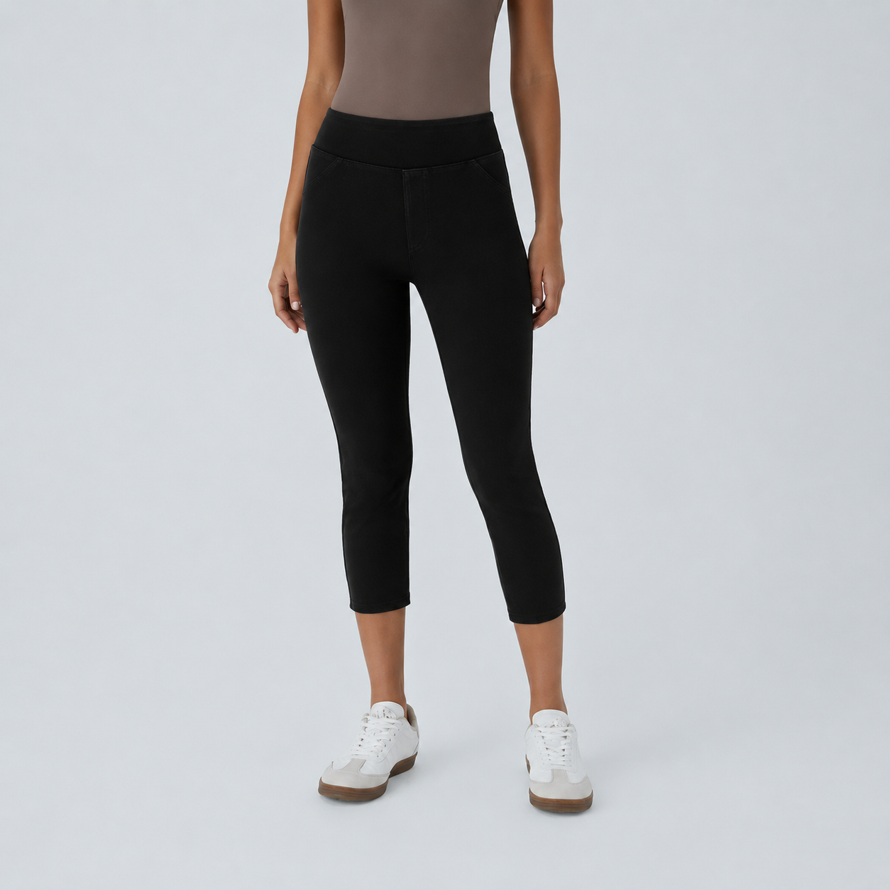 High Rise Stretchy Knit Denim Capri Leggings For Women