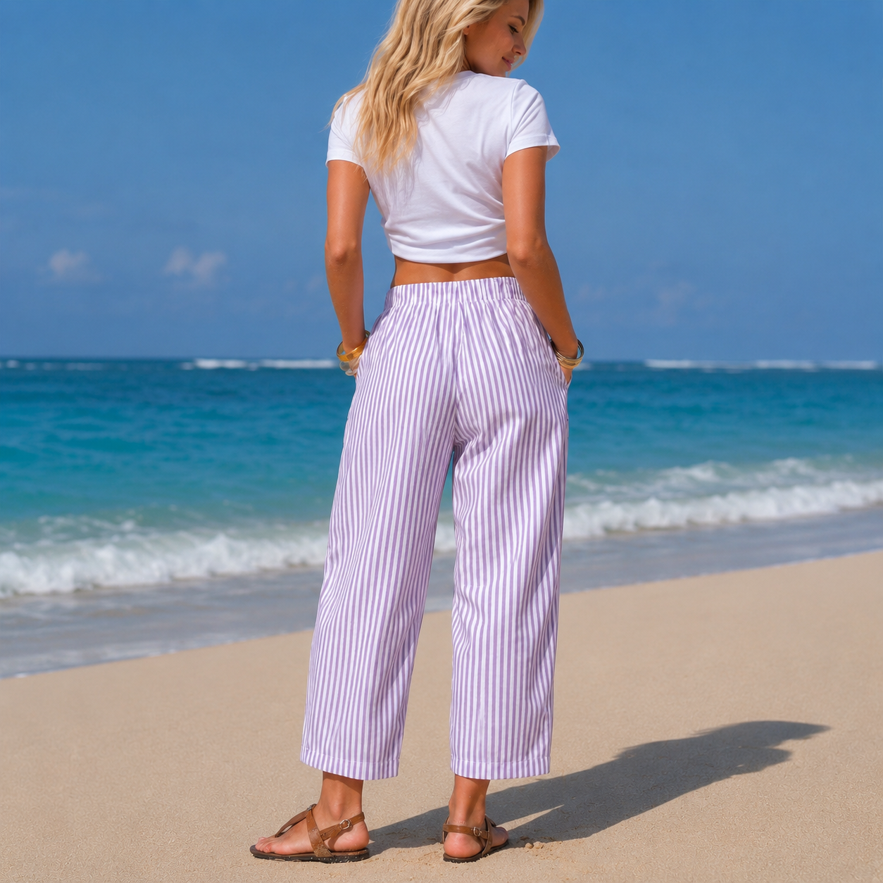 Summer Striped Barrel Pants With Drawstring For Women