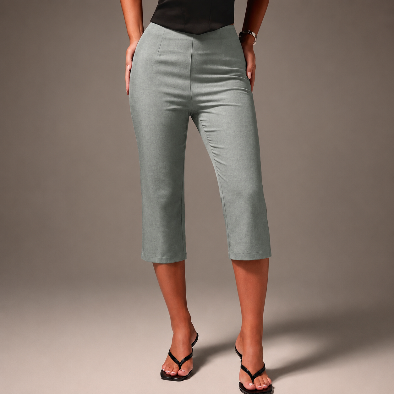 High Waisted Cropped Capri Trousers For Office Wear