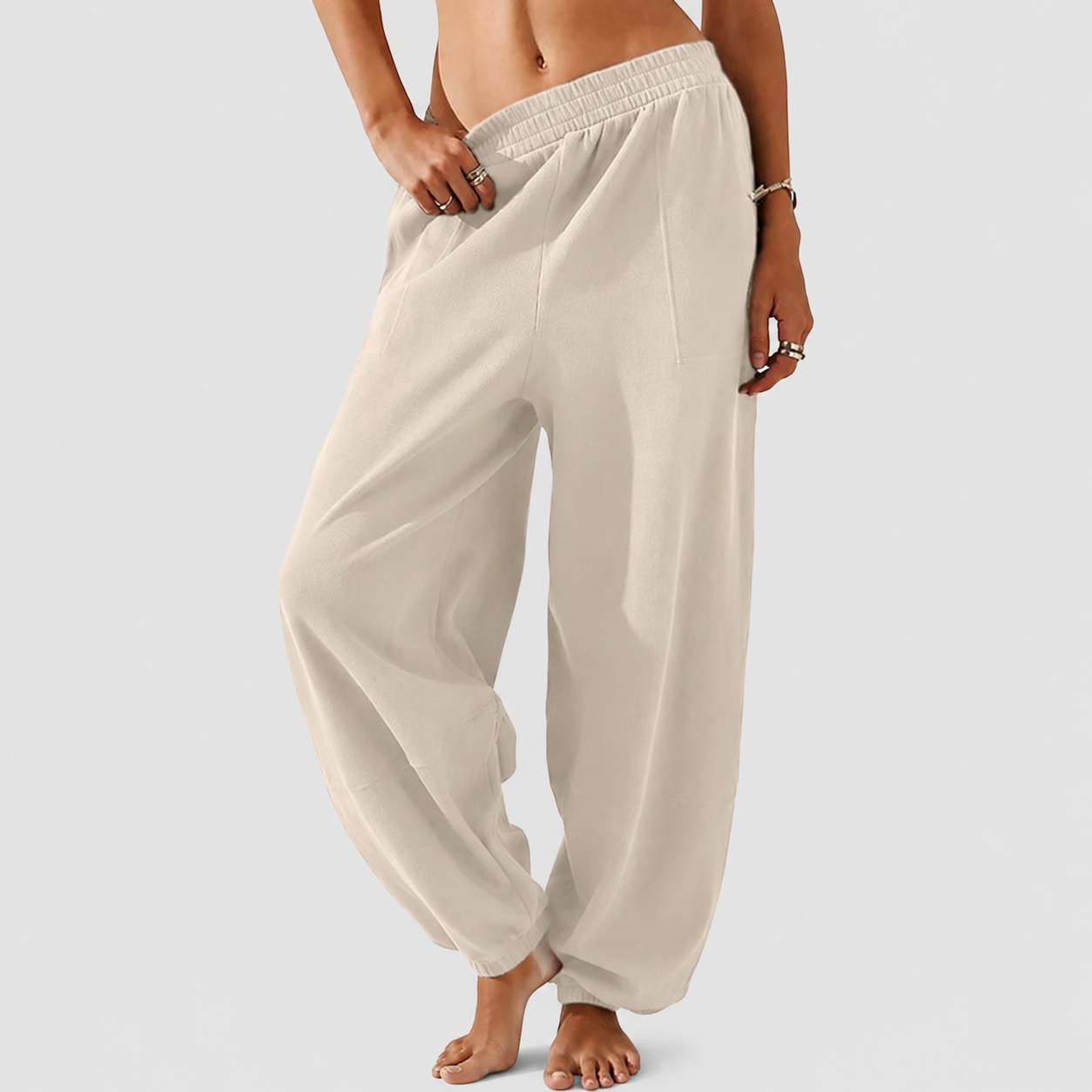 Elastic Waisted Casual Baggy Pants With Pockets