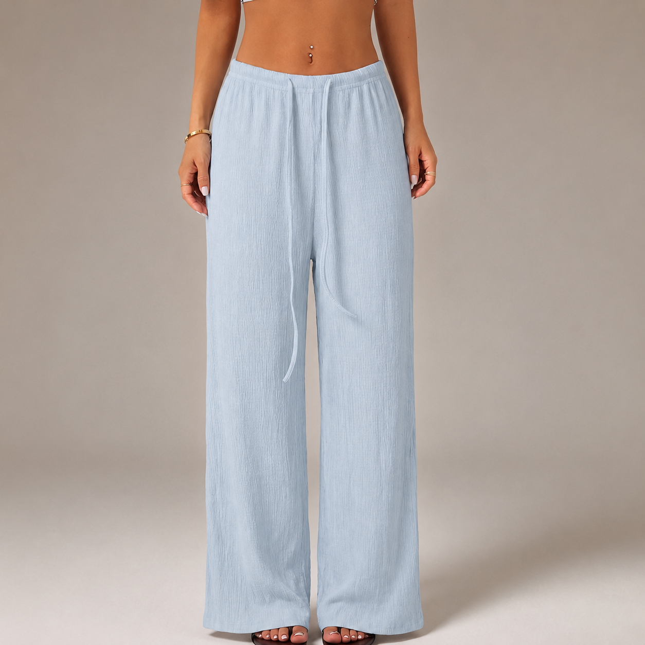 Solid Tie Front Wide Loose Casual Versatile Pants