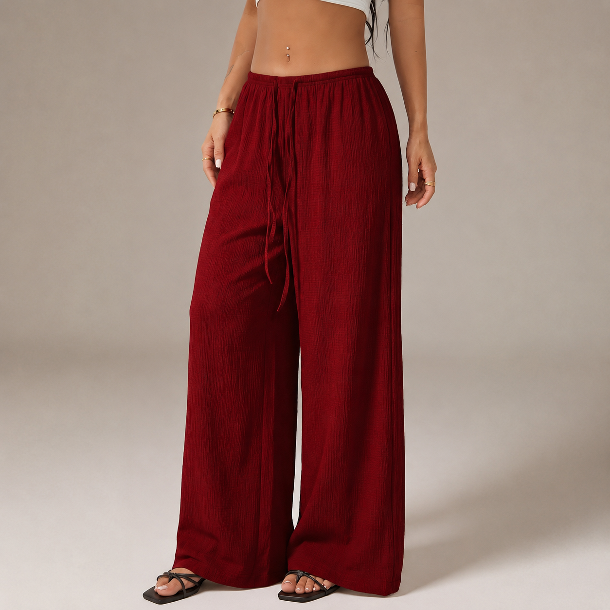 Solid Tie Front Wide Loose Casual Versatile Pants