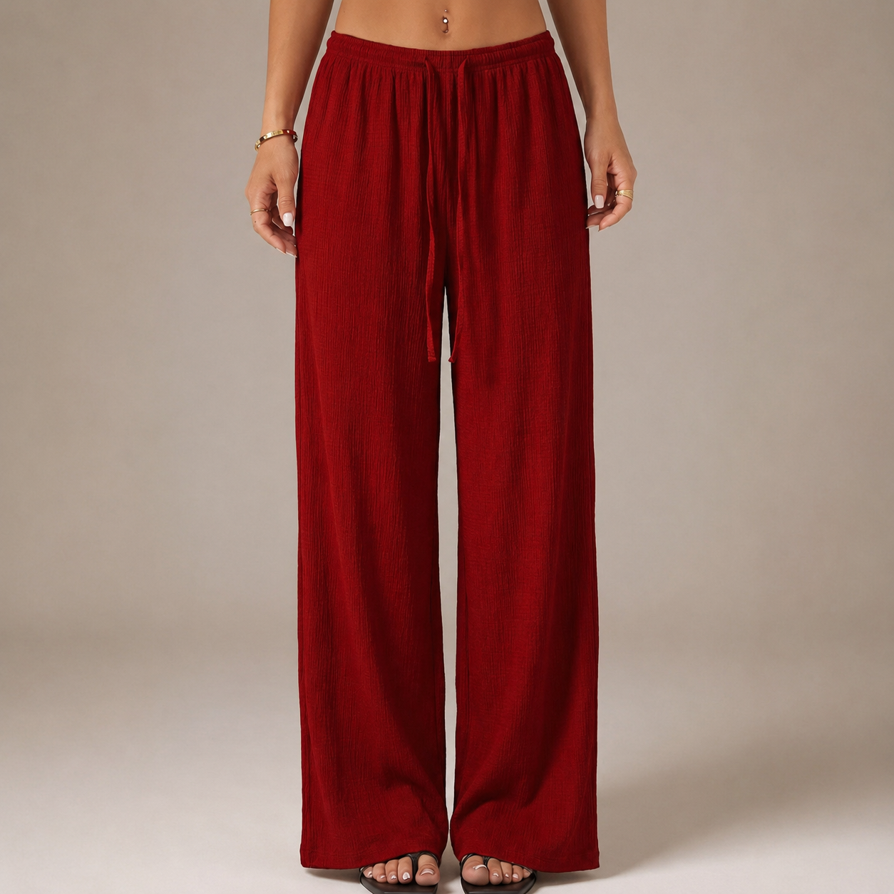 Solid Tie Front Wide Loose Casual Versatile Pants