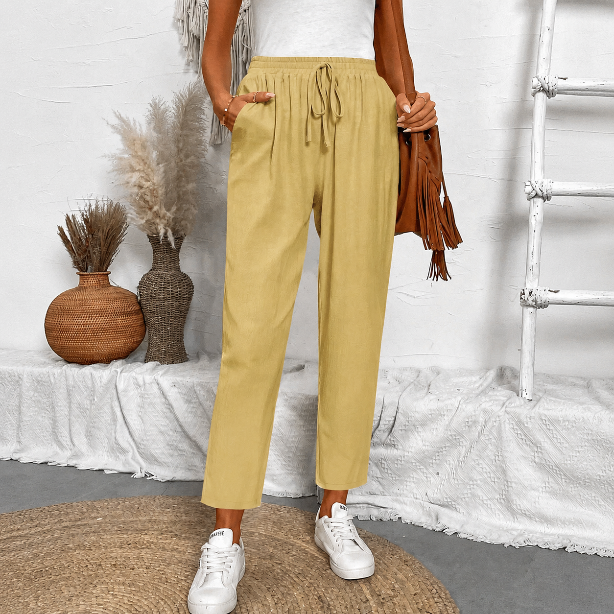 Front Tie Casual Drawstring Tapered Pants For Women