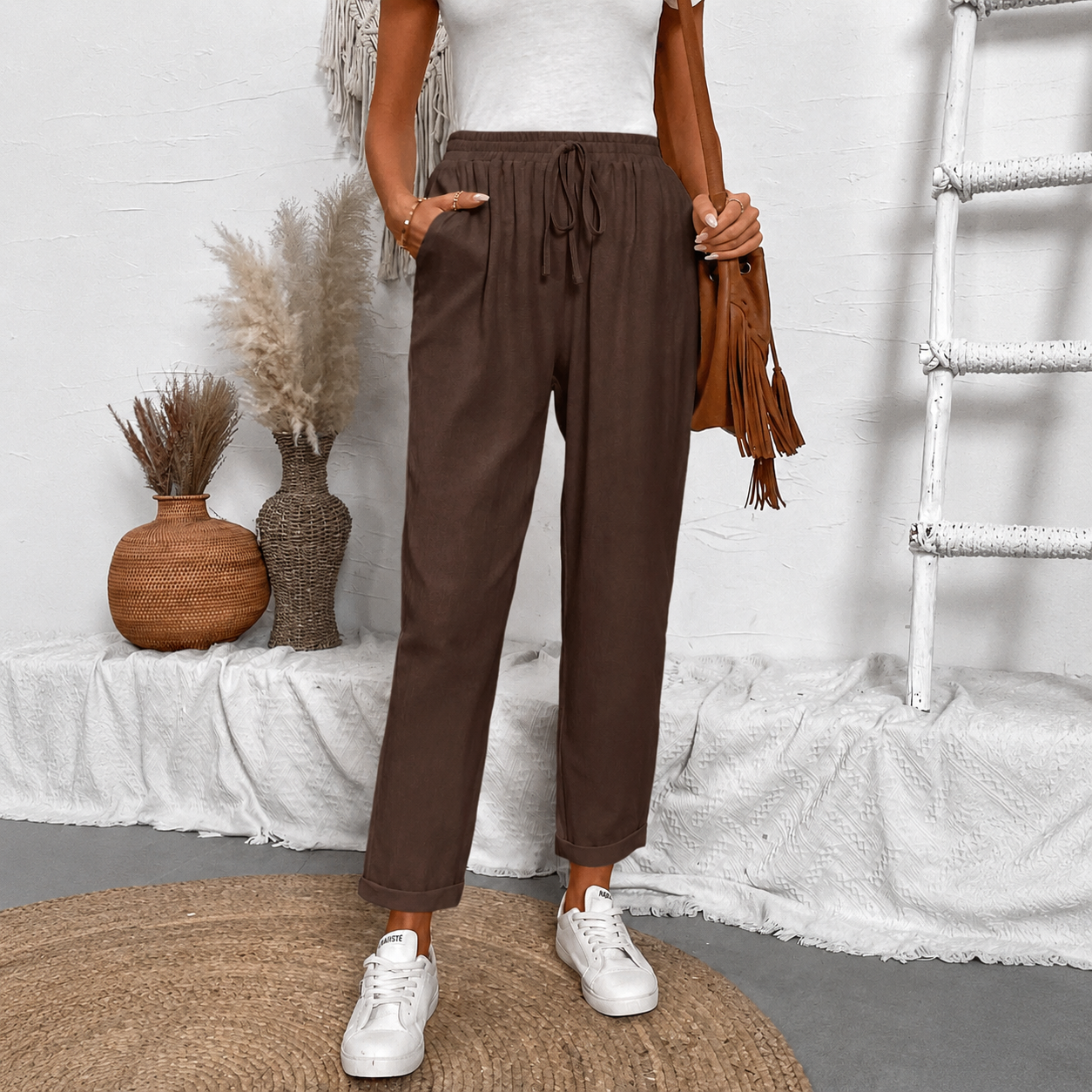 Front Tie Casual Drawstring Tapered Pants For Women