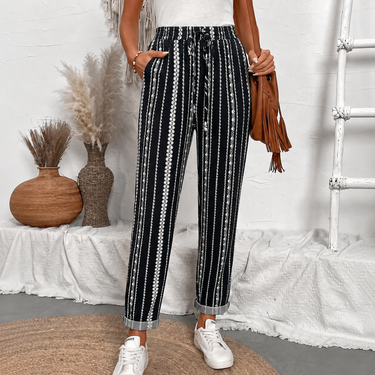 Front Tie Casual Drawstring Tapered Pants For Women