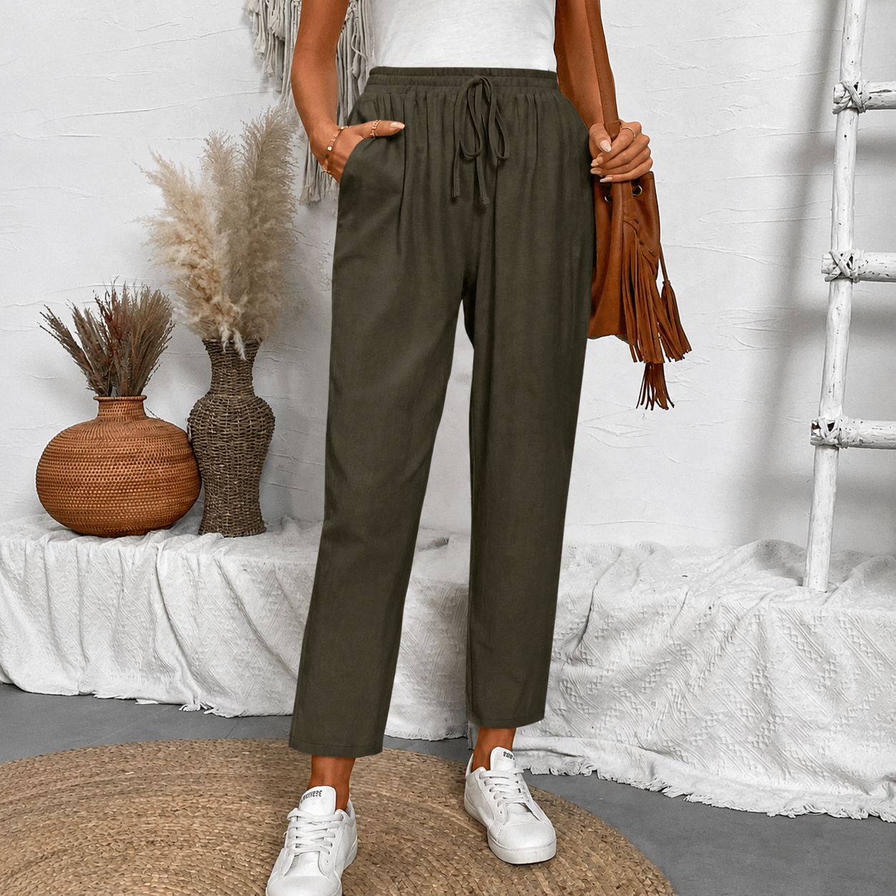 Front Tie Casual Drawstring Tapered Pants For Women