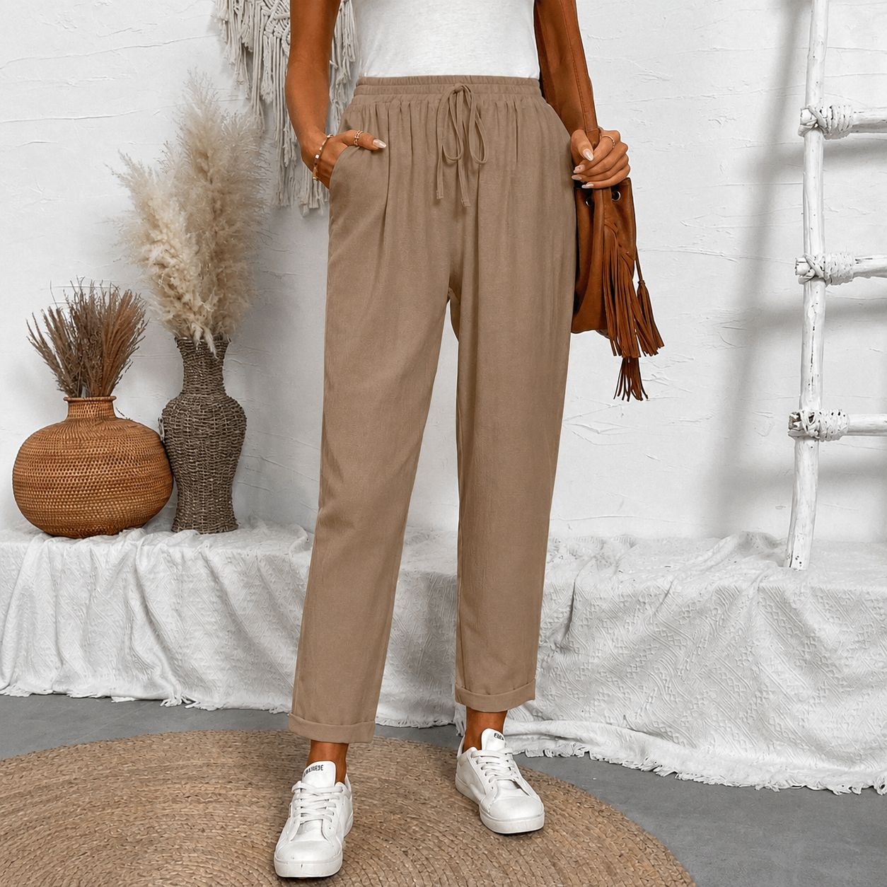 Front Tie Casual Drawstring Tapered Pants For Women