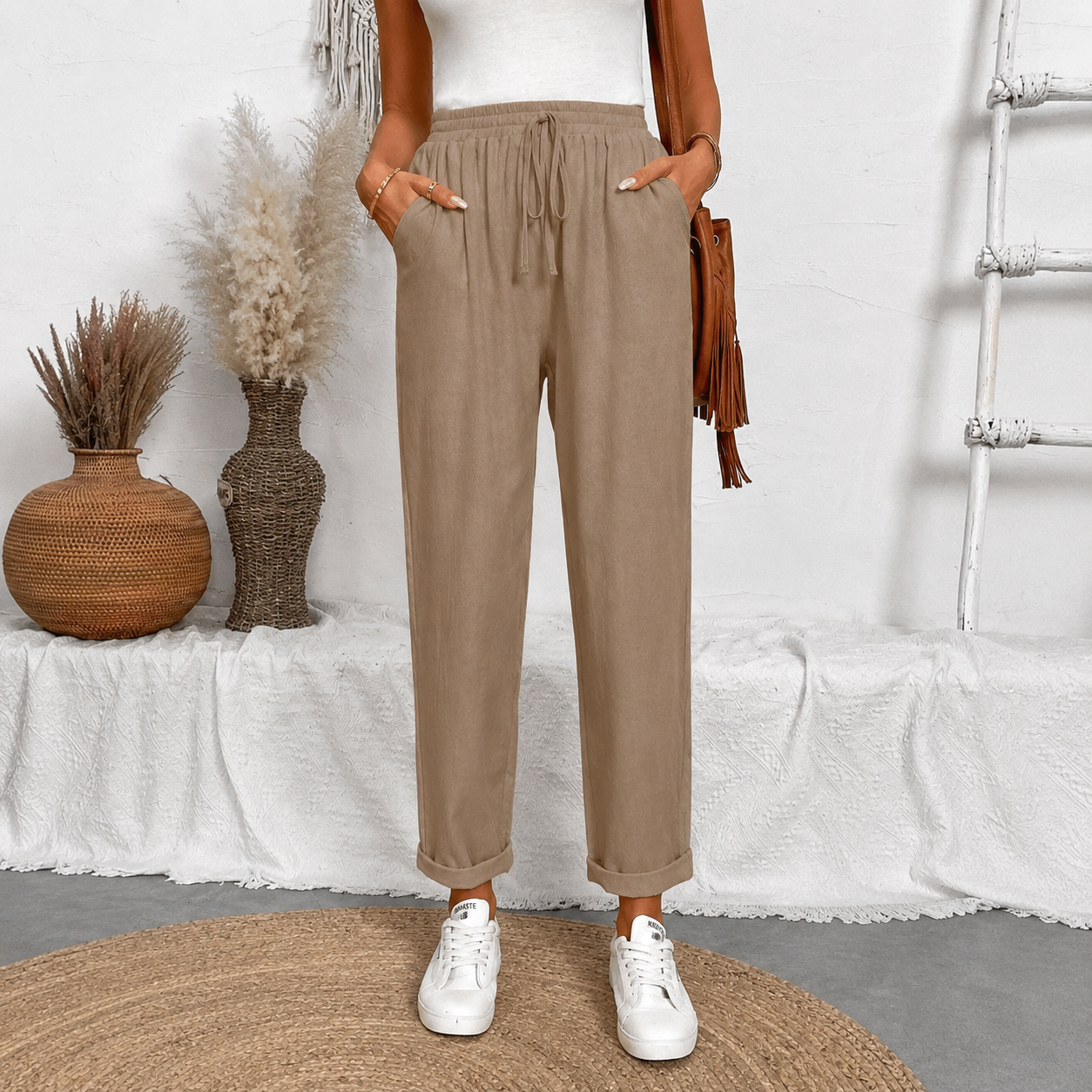 Front Tie Casual Drawstring Tapered Pants For Women