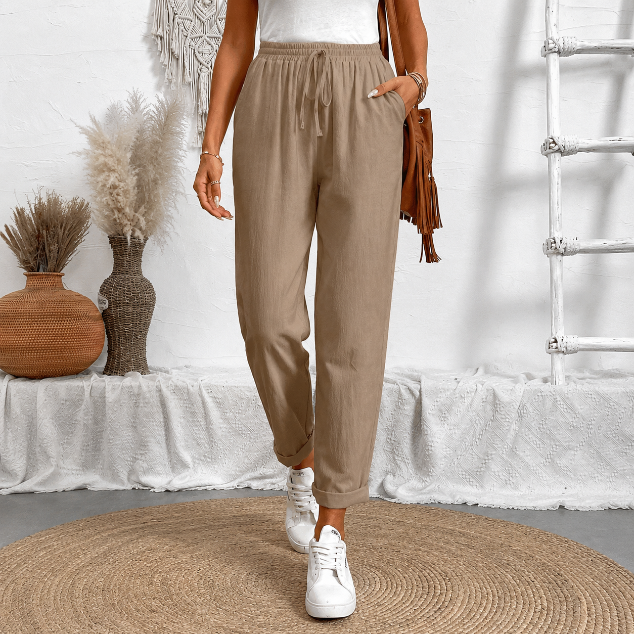 Front Tie Casual Drawstring Tapered Pants For Women