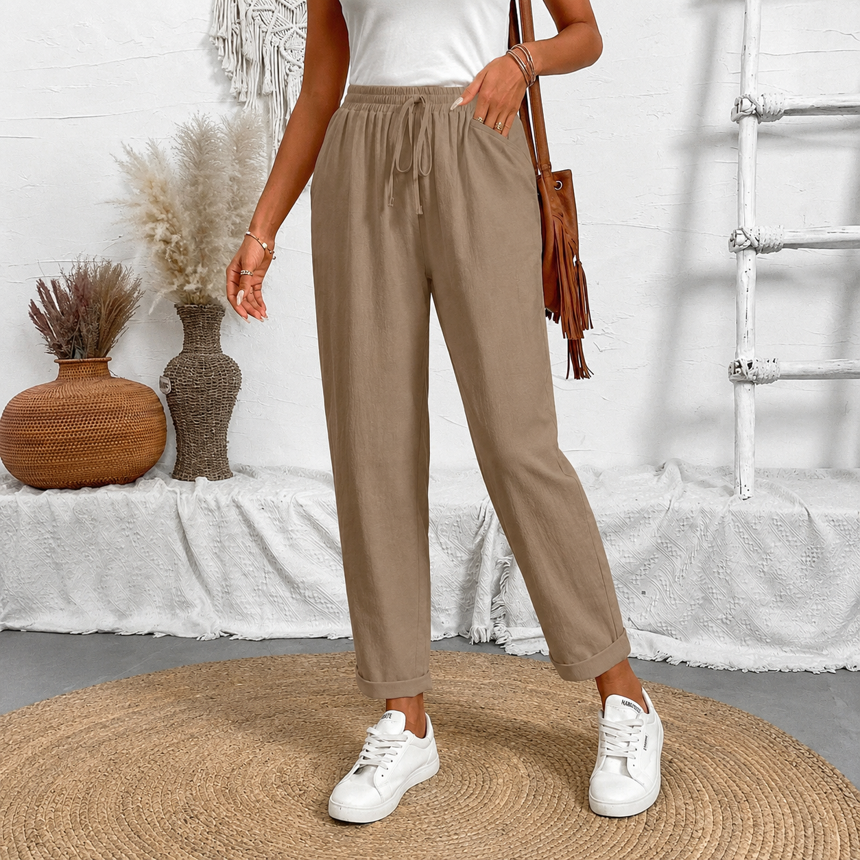 Front Tie Casual Drawstring Tapered Pants For Women