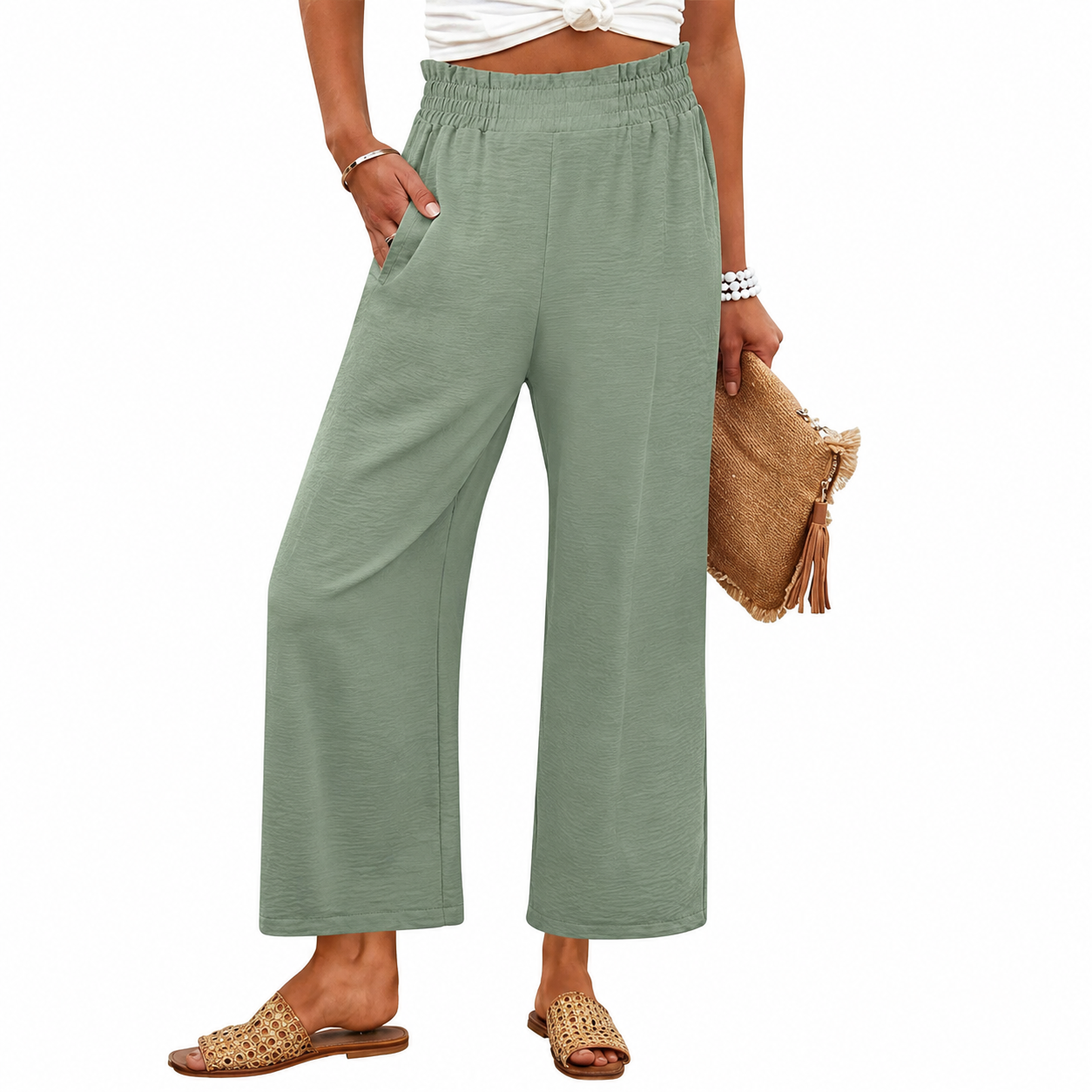 Summer Beach Wide Casual Pants With Pockets For Women