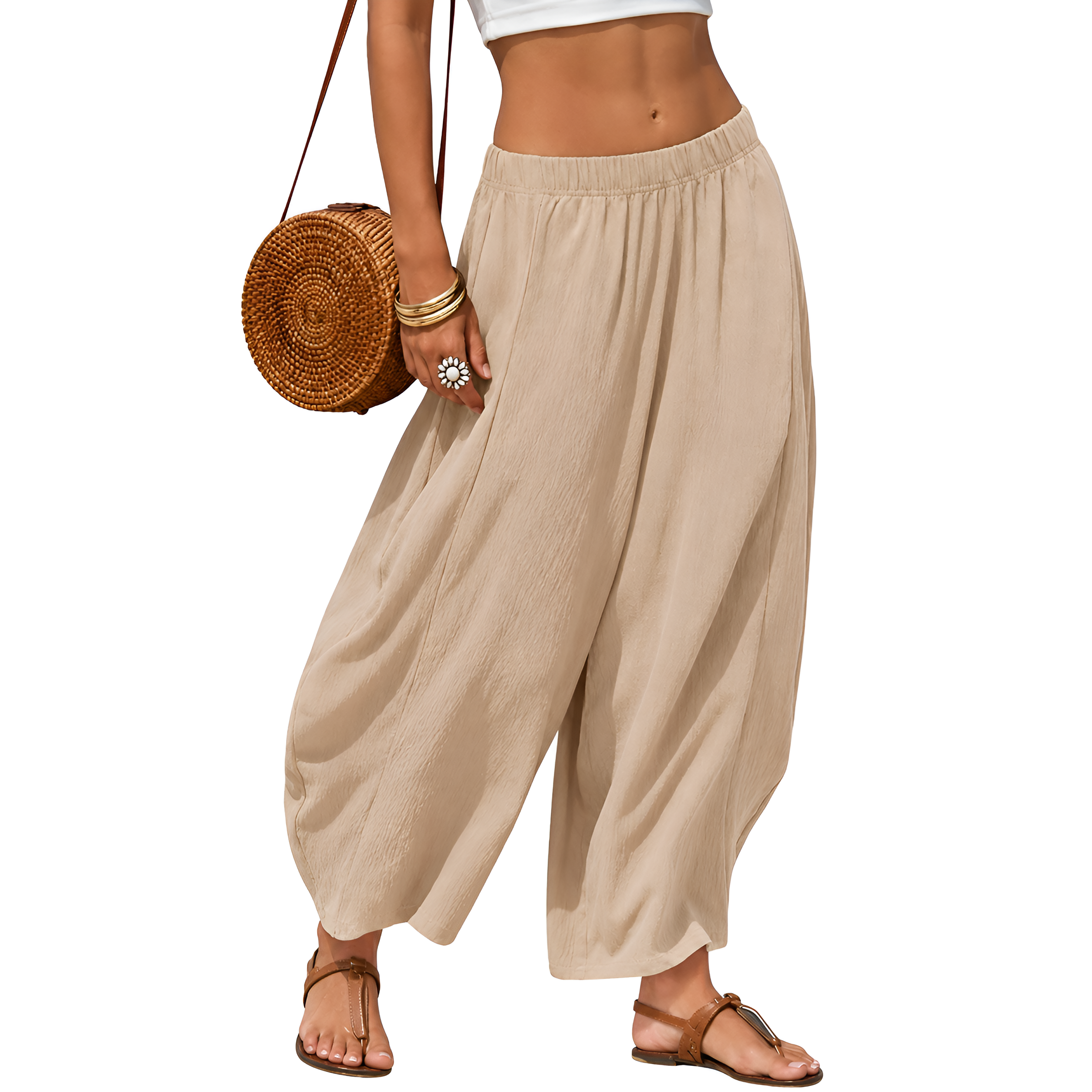 Casual Boho Flowy Palazzo Pants With Elastic Fit For Women