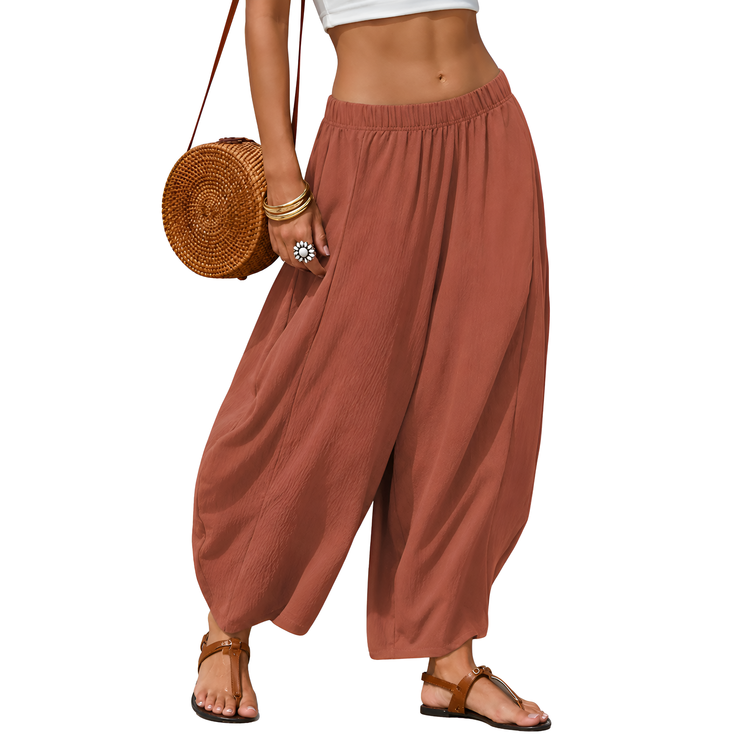 Casual Boho Flowy Palazzo Pants With Elastic Fit For Women