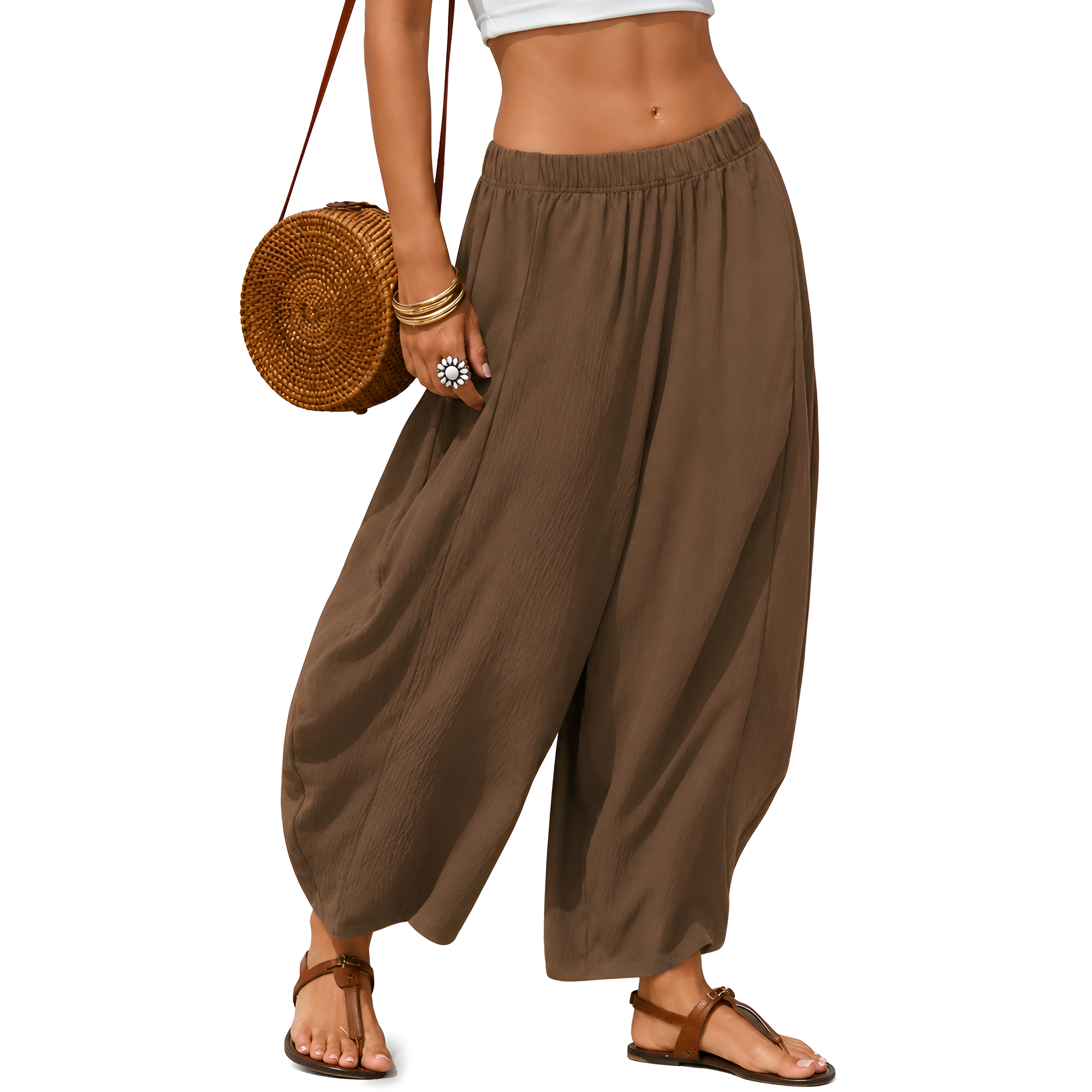 Casual Boho Flowy Palazzo Pants With Elastic Fit For Women