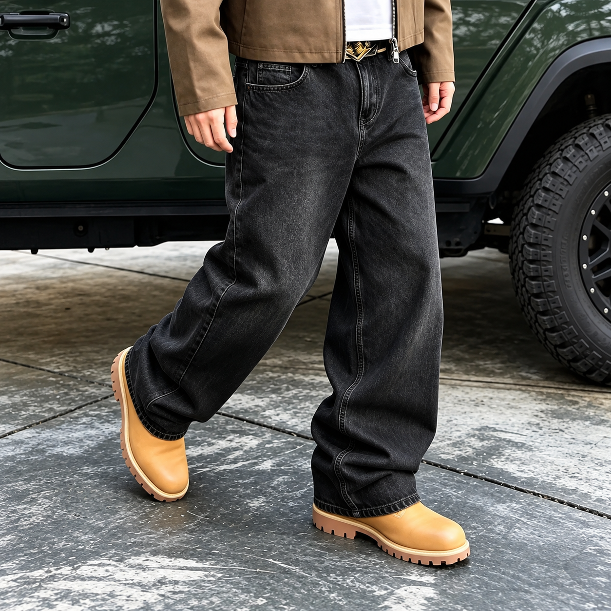 Loose Fit Washed Denim Jeans Y2K Workwear Streetwear Style For Men