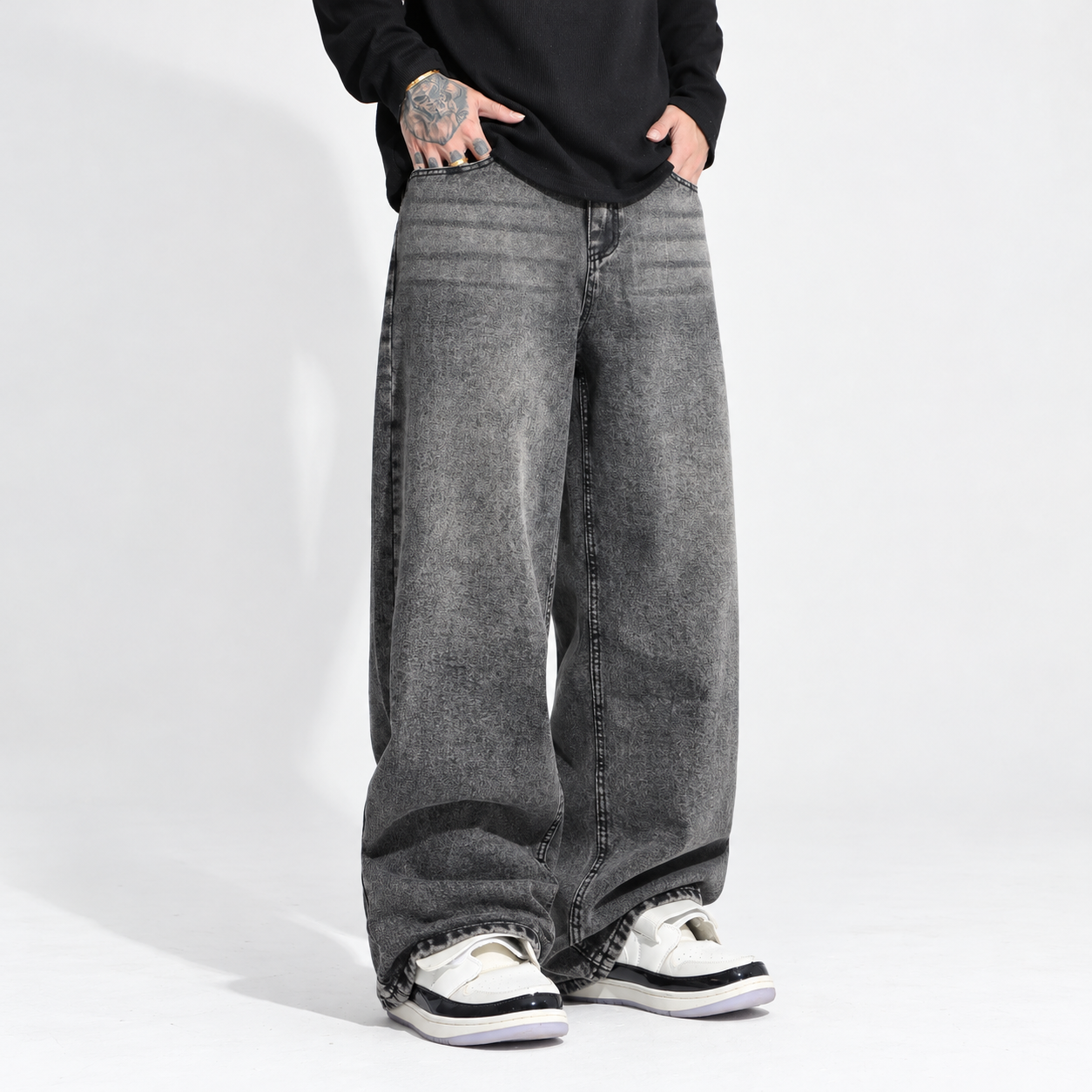Loose Fit Washed Baggy Wide Silhouette Denim Jeans For Men