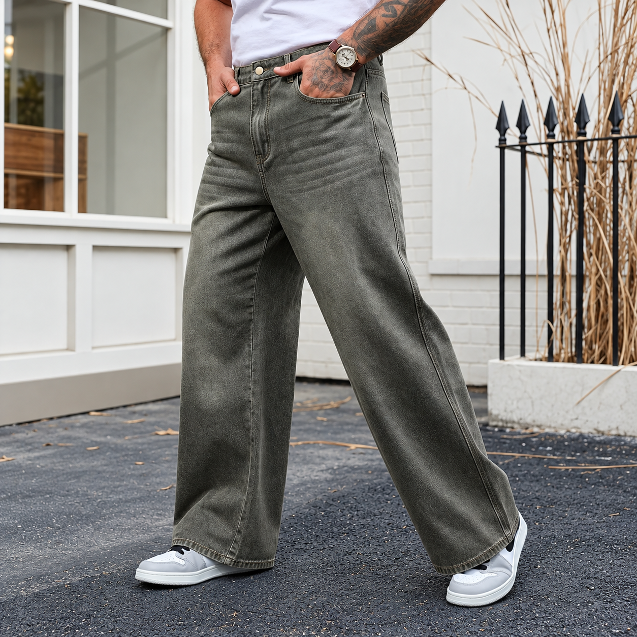 Raw Denim Wide silhouette Jeans With Patch Design For Men