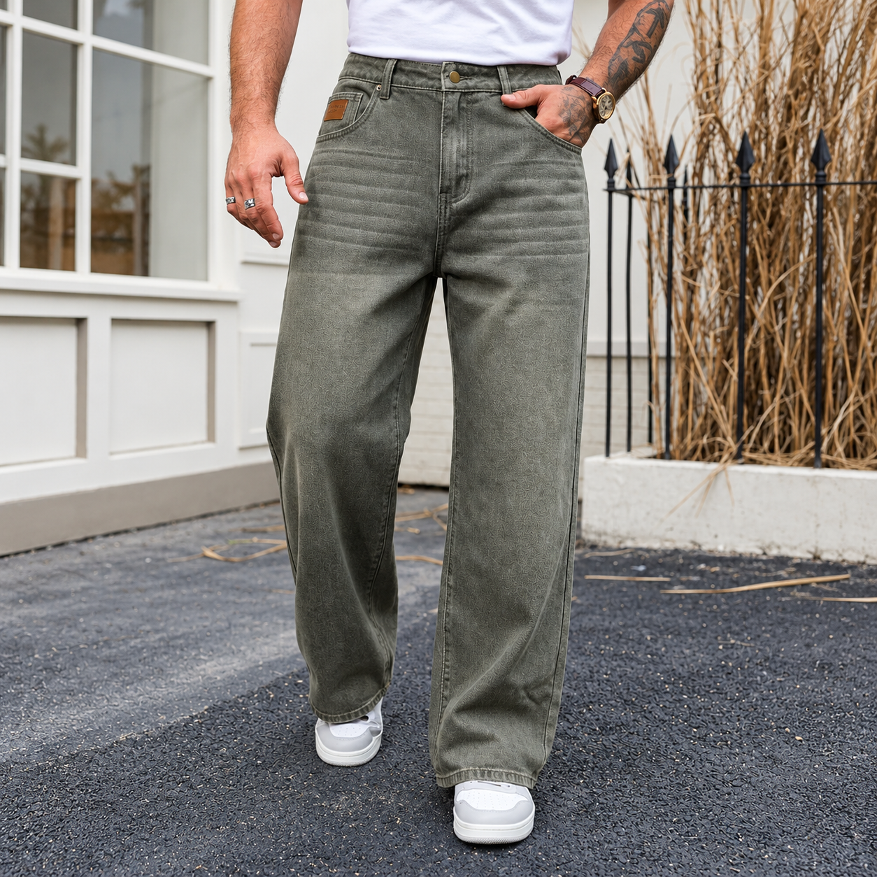 Raw Denim Wide silhouette Jeans With Patch Design For Men
