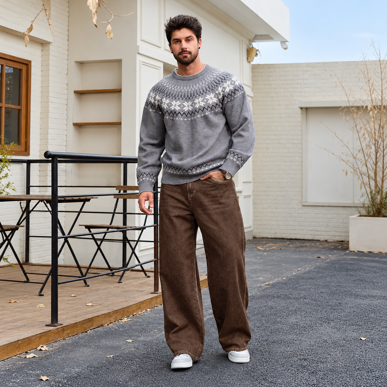 Raw Denim Wide silhouette Jeans With Patch Design For Men