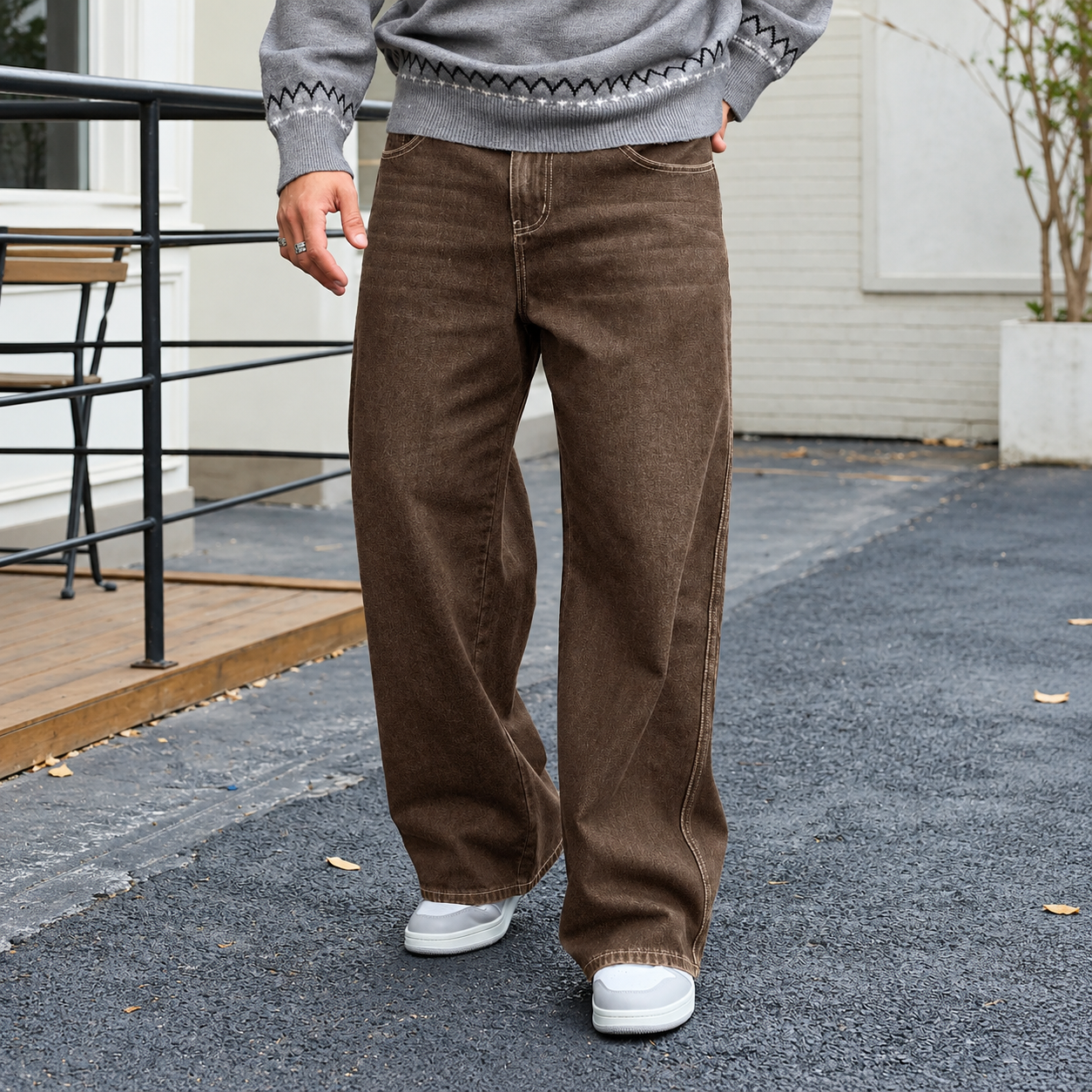 Raw Denim Wide silhouette Jeans With Patch Design For Men