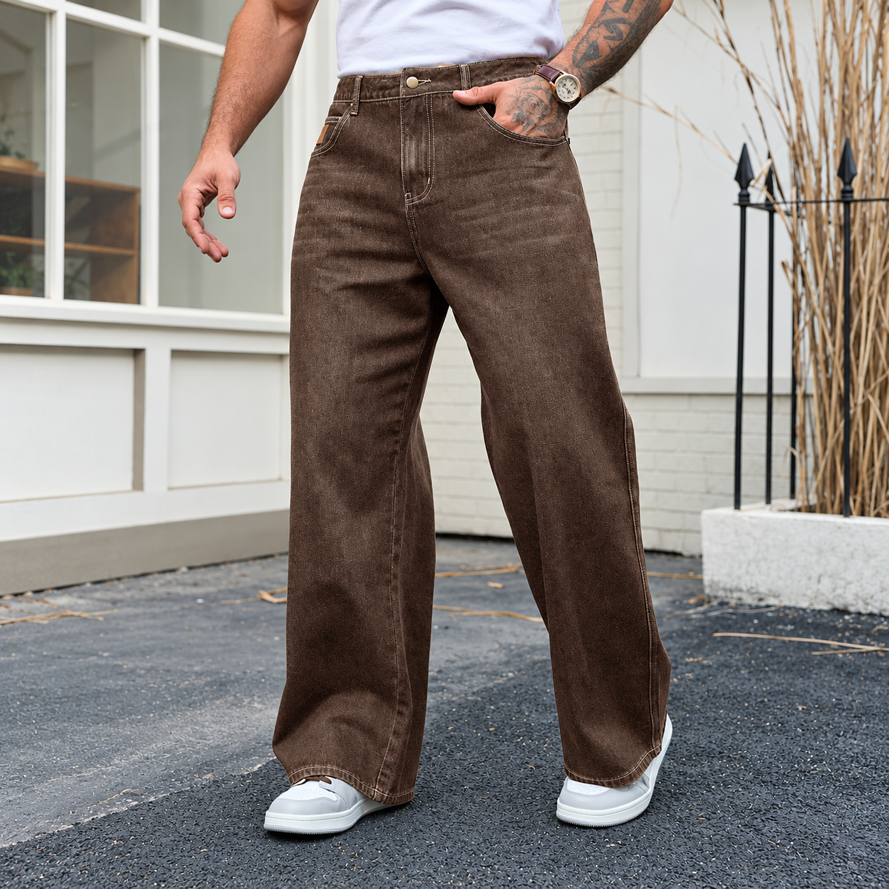 Raw Denim Wide silhouette Jeans With Patch Design For Men