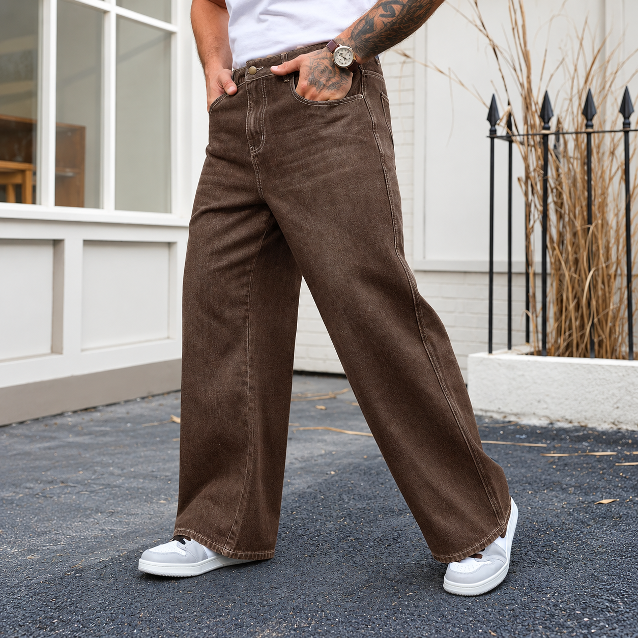 Raw Denim Wide silhouette Jeans With Patch Design For Men