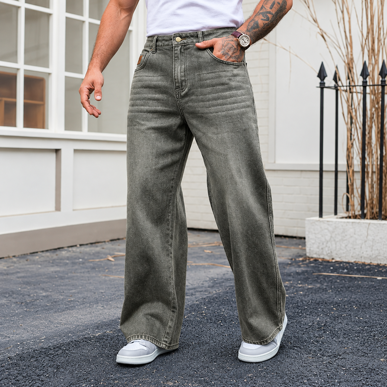 Raw Denim Wide silhouette Jeans With Patch Design For Men