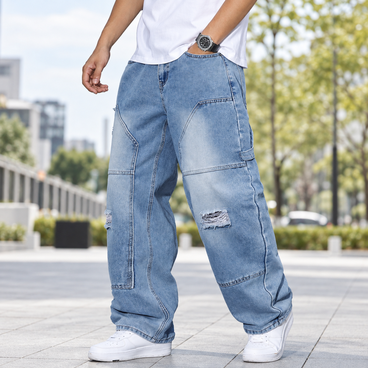 Loose Ripped Detail Wide Silhouette Jeans For Men