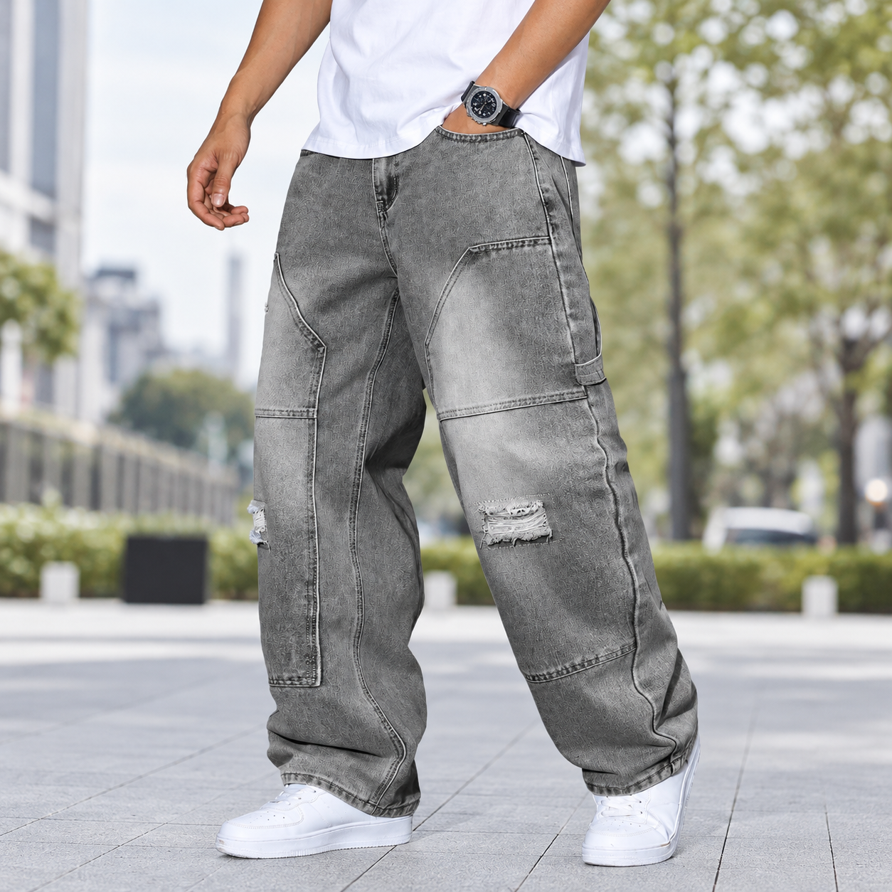 Loose Ripped Detail Wide Silhouette Jeans For Men