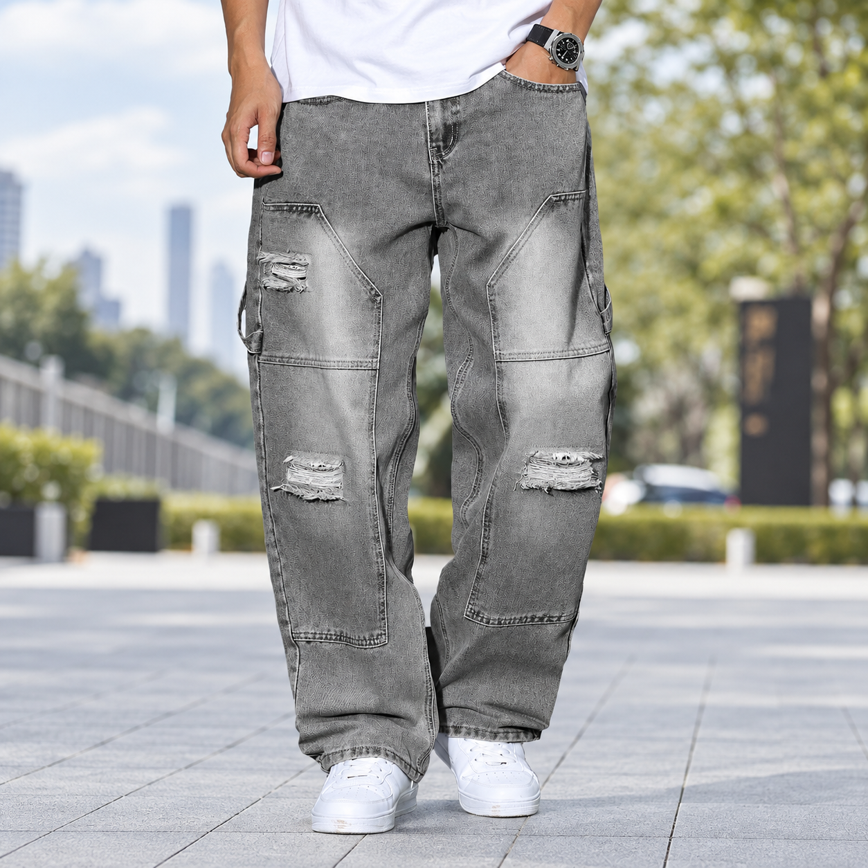 Loose Ripped Detail Wide Silhouette Jeans For Men