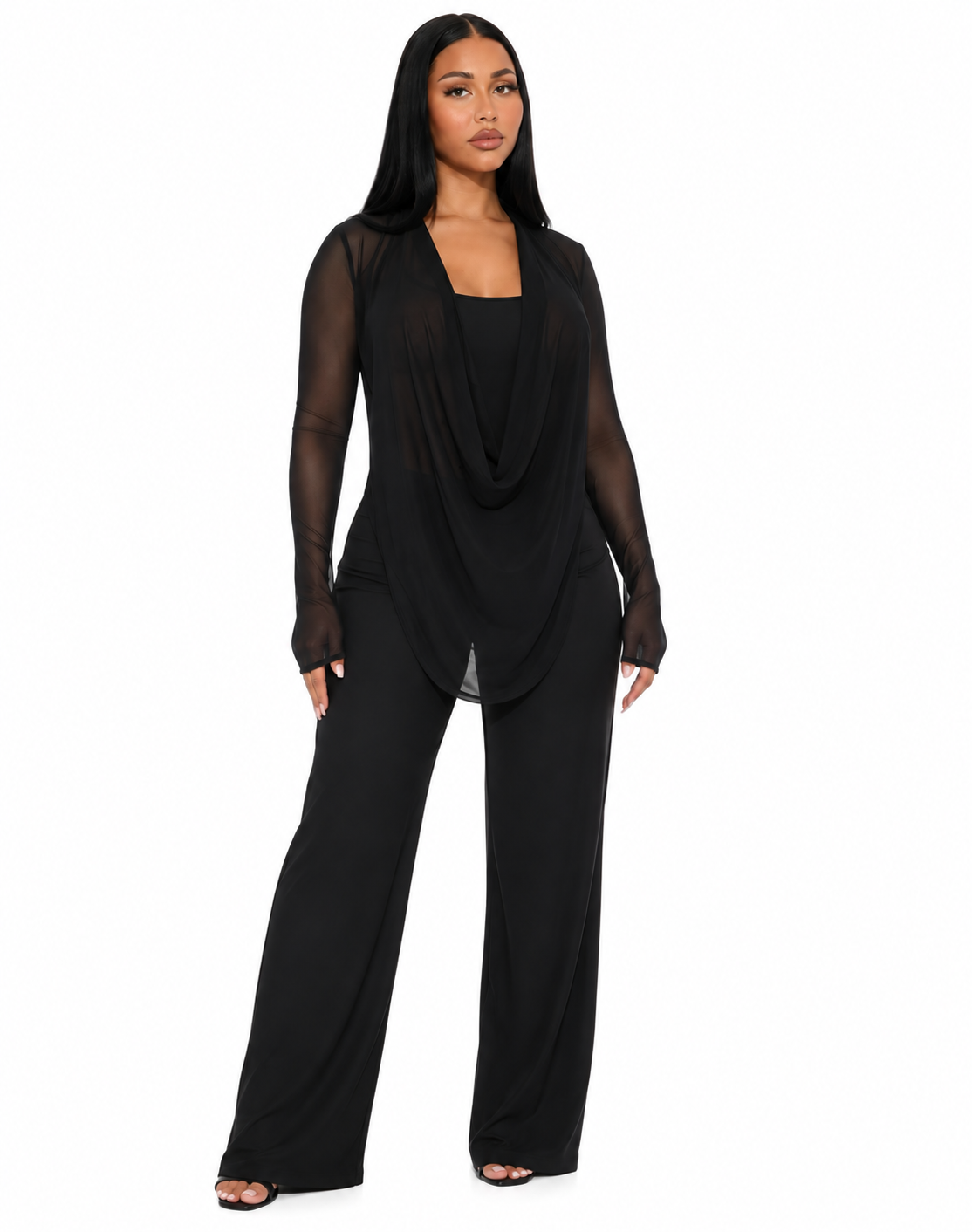 Casual Two Piece Deep V Mesh Top And Wide Trousers Outfit Set
