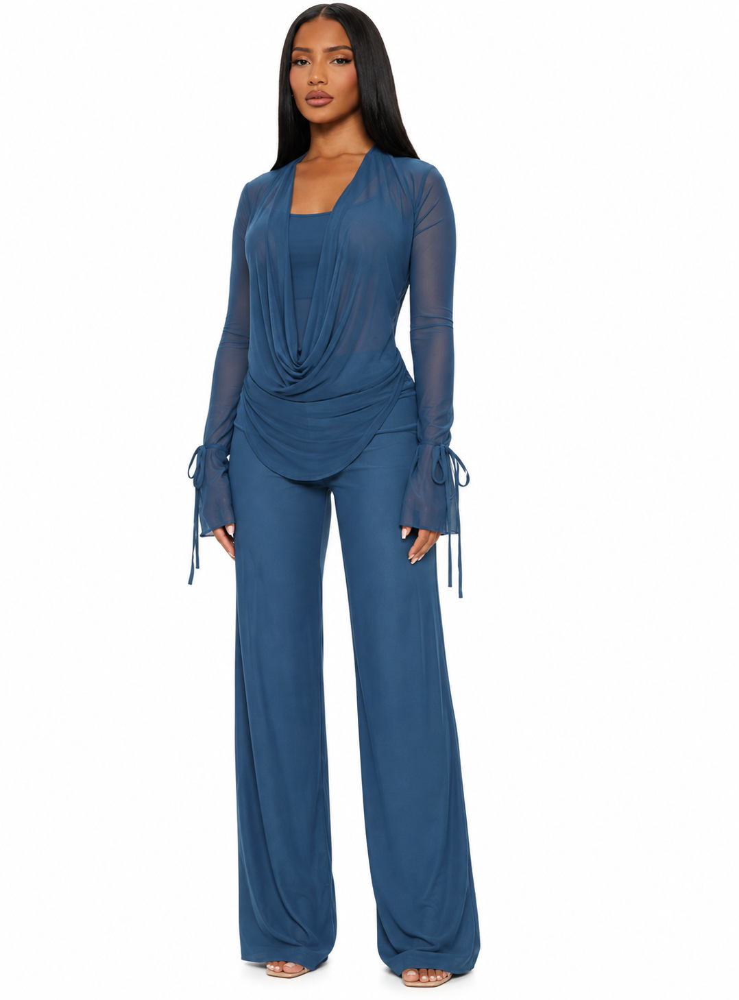 Casual Two Piece Deep V Mesh Top And Wide Trousers Outfit Set