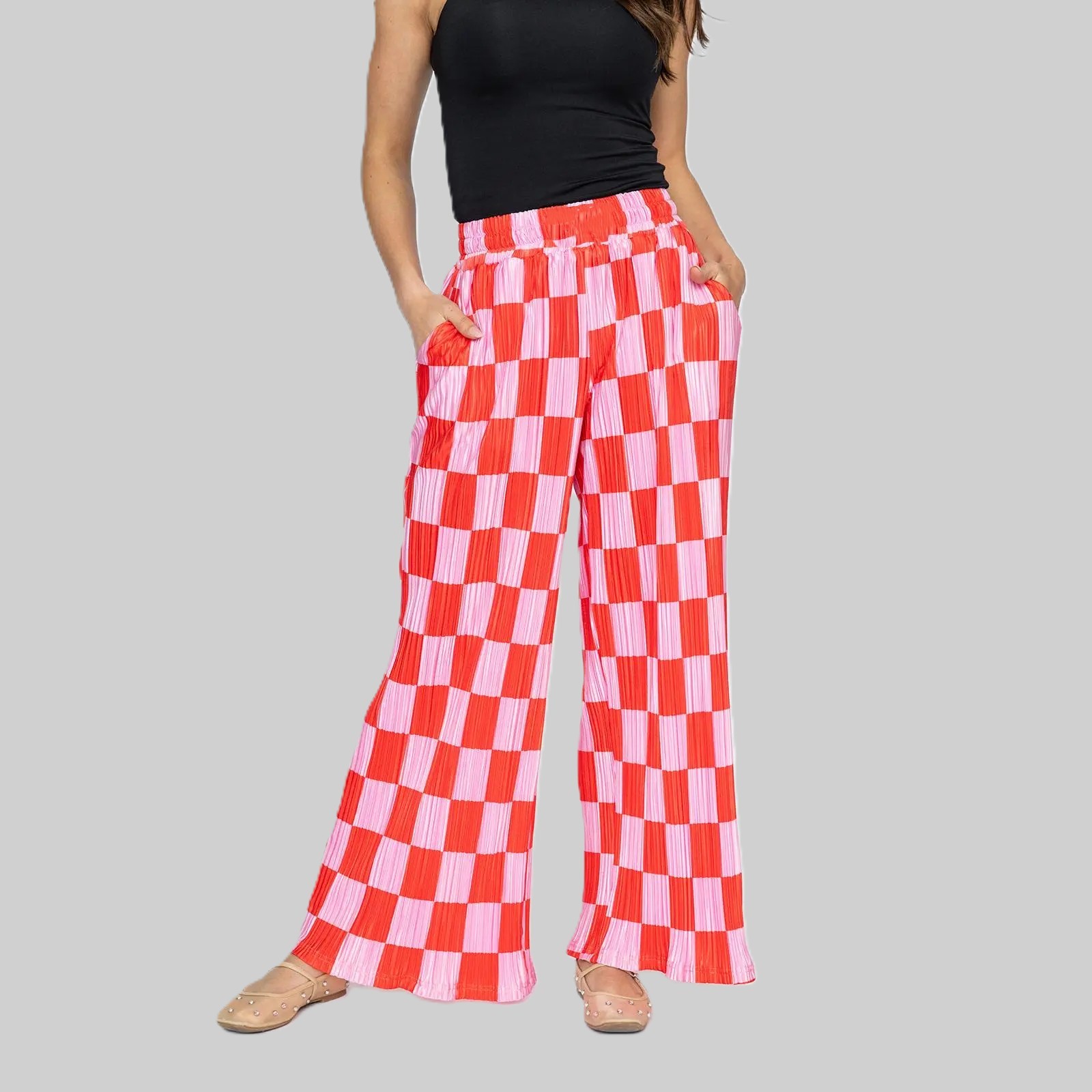 Checkered Plisse PantsVibrant Checkered Wide Pants For Women - Image 3