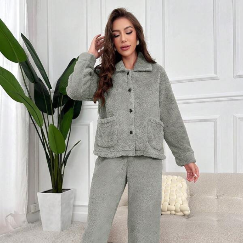 Dual Pocket Flannel Lounge Set-My Comfy Pant