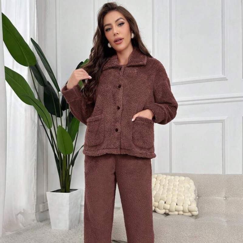 Dual Pocket Flannel Lounge Set-My Comfy Pant