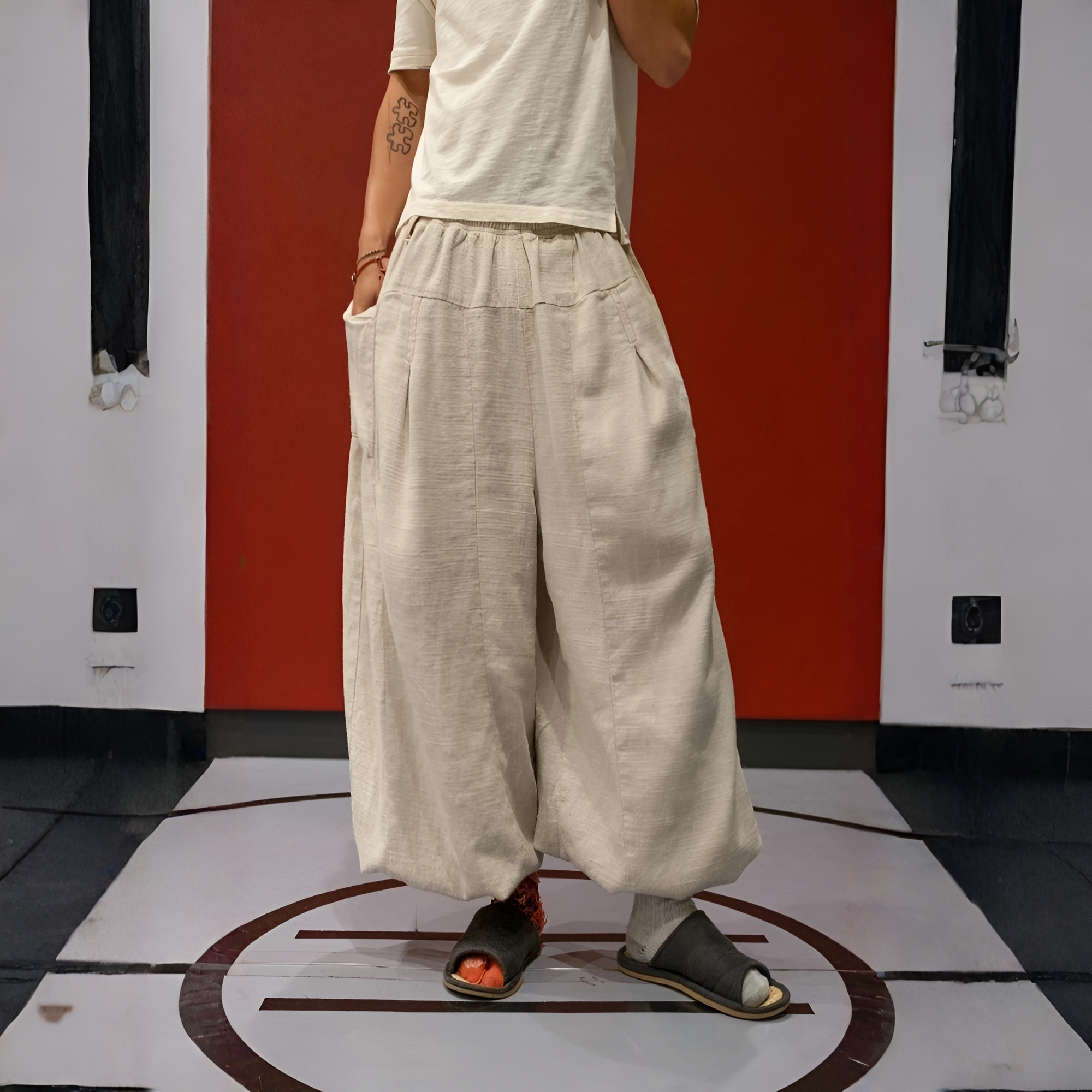 Flax Pleated Wide Pants With Drawstrings