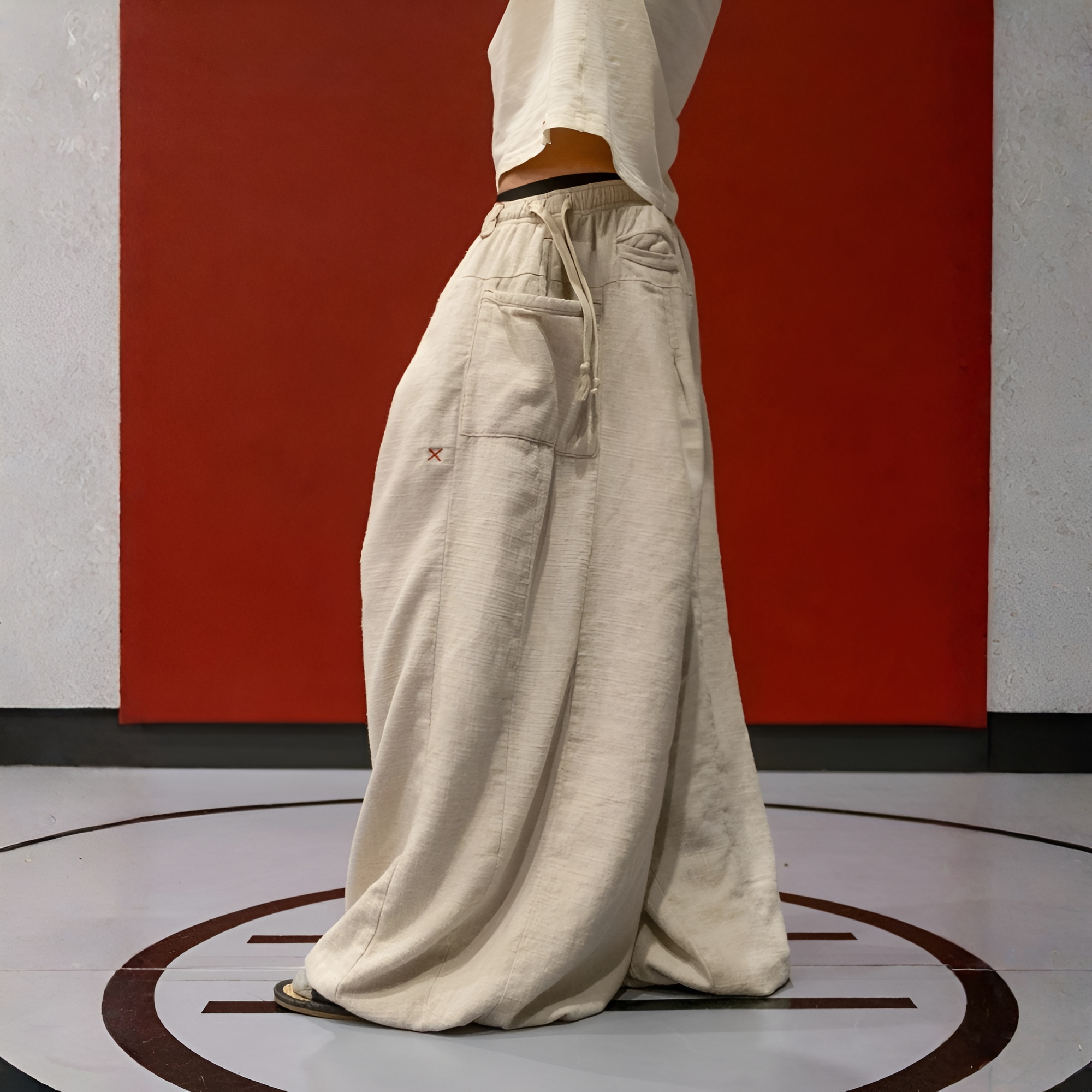 Flax Pleated Wide Pants With Drawstrings