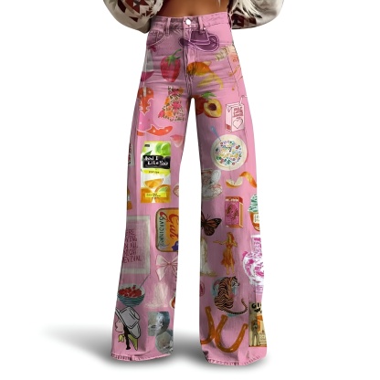 Vintage Gradient Faux Denim Wide Cut Casual Pants