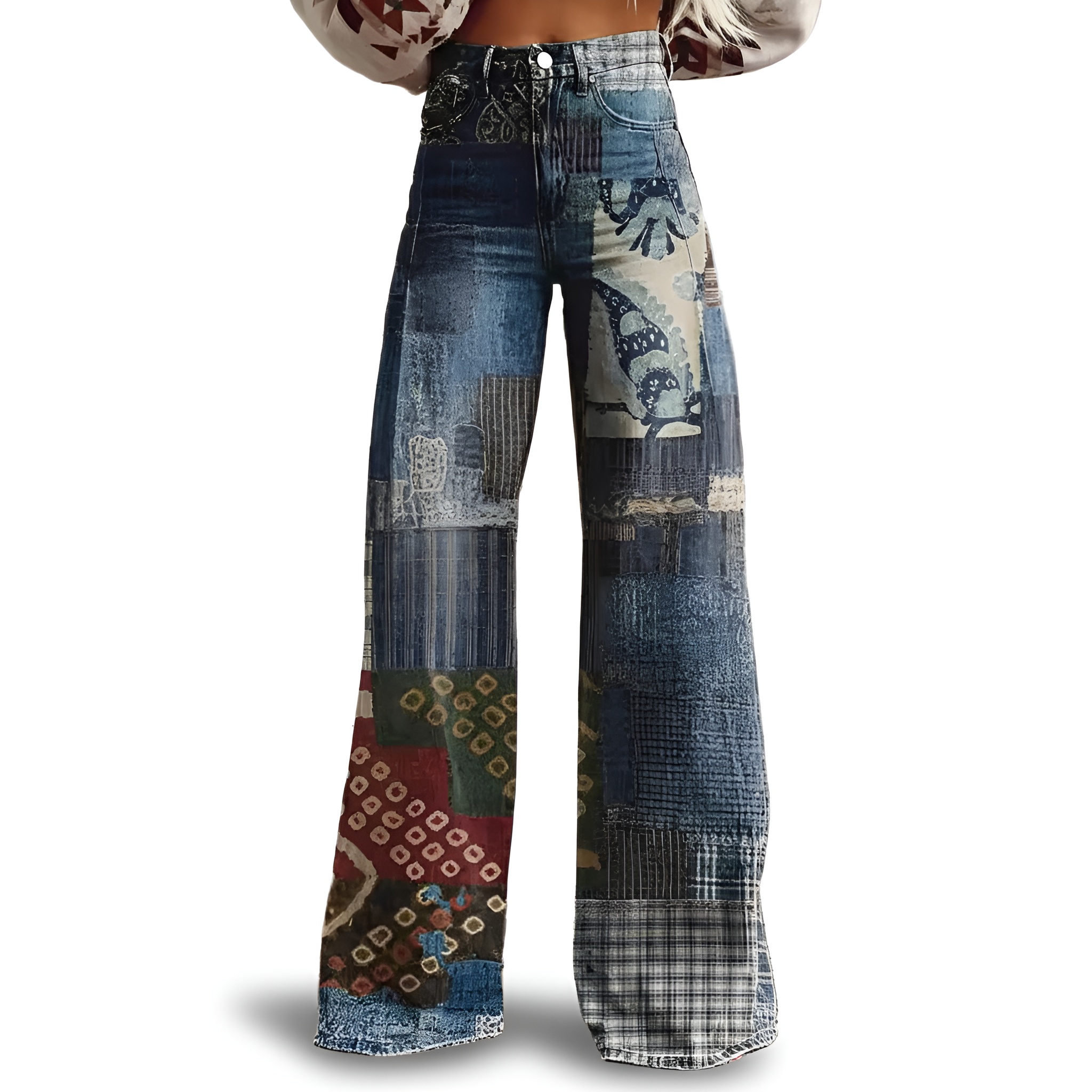 Vintage Gradient Faux Denim Wide Cut Casual Pants